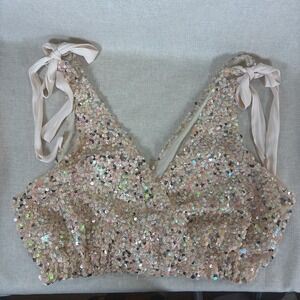 Intimately Free People Big Night Sequin Crop Top Bralette V-Neck Tie Strap Small